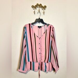Striped Button-Up Blouse with Tie Waist in dusty rose and stripes.  Size 2X